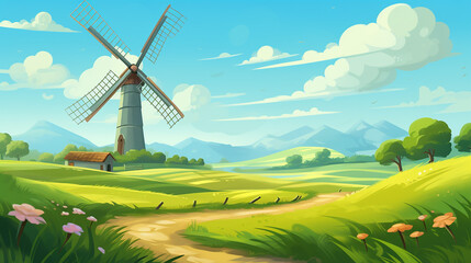 Obraz premium nature landscape farm and mill 3d background
