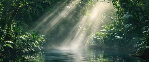 Fototapeta na wymiar Enchanted woodlands. Serene capture of forest bathed in gentle morning sunlight reflecting in tranquil river ideal nature landscape and scenic collections