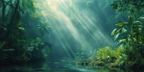 Enchanted woodlands. Serene capture of forest bathed in gentle morning sunlight reflecting in tranquil river ideal nature landscape and scenic collections