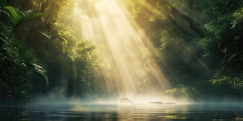 Enchanted woodlands. Serene capture of forest bathed in gentle morning sunlight reflecting in tranquil river ideal nature landscape and scenic collections - obrazy, fototapety, plakaty