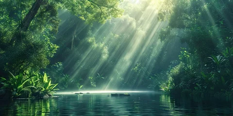 Foto op Plexiglas Reflectie Enchanted woodlands. Serene capture of forest bathed in gentle morning sunlight reflecting in tranquil river ideal nature landscape and scenic collections