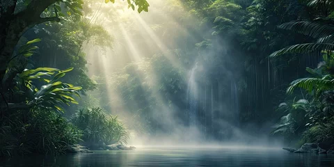 Fotobehang Mistige ochtendstond Enchanted woodlands. Serene capture of forest bathed in gentle morning sunlight reflecting in tranquil river ideal nature landscape and scenic collections