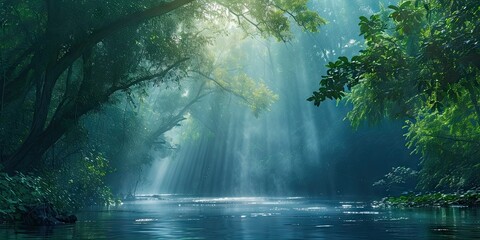 Enchanted woodlands. Serene capture of forest bathed in gentle morning sunlight reflecting in tranquil river ideal nature landscape and scenic collections