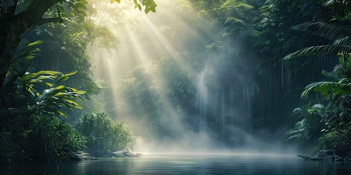 Fototapeta Enchanted woodlands. Serene capture of forest bathed in gentle morning sunlight reflecting in tranquil river ideal nature landscape and scenic collections