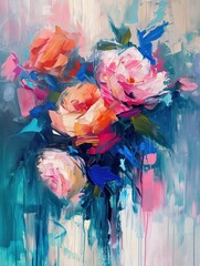 Contemporary floral brushstroke oil painting for wall art and wallpaper.