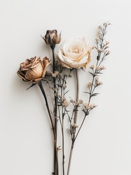 Muted color tones and minimalistic composition characterize this realistic photograph of brown and dusty dried rose flowers against a white background.