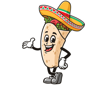 Burrito wearing a sombrero, Mexican hat cartoon mascot illustration character vector clip art logo hand drawn