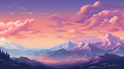 pixel art seamless background with mountain and sunset purple sky