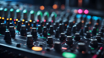 Professional audio mixer or sound channels panel in dark studio