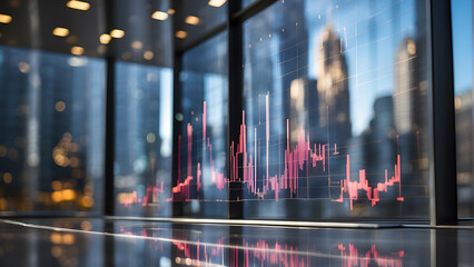 financial graphs on transparent screen with blurred building background
