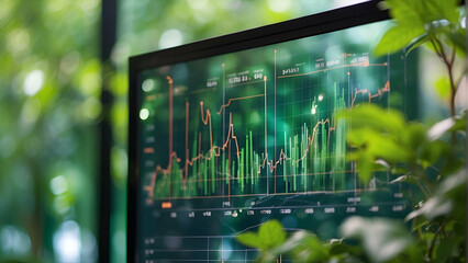 financial graphs on transparent screen with green plants background - obrazy, fototapety, plakaty