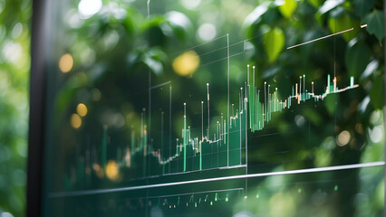 Financial graphs on transparent screen with green plants background. Background for agriculture business and farming industry