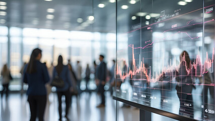 Digital graphs of stock market and trading with humans blurred background. Double exposure background for business and finance concept