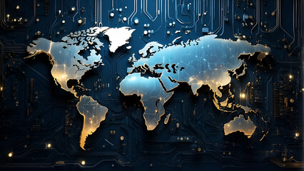 3d flat world map made by electronic circuits. Background for technology and science.