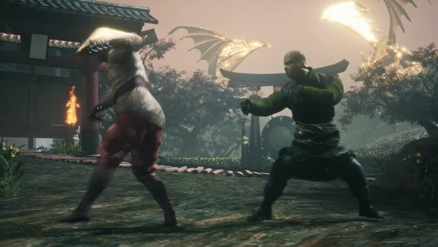 Virtual powerful killers fighting on digital arena in the modern computer game. Killer character attacking the enemy in the fighting game battle. Killing the opponent in the round of a fighting game.