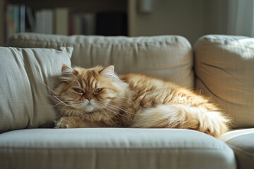 Cuddly Persian cat on a sofa, a luxurious and affectionate display of feline comfort.