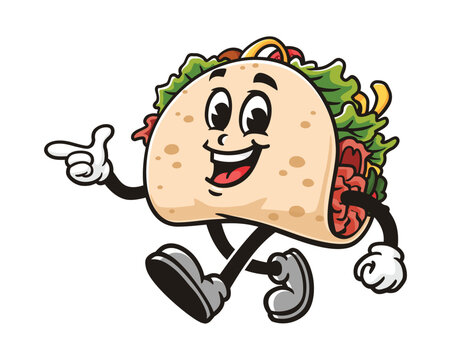 recommend clip art: walking Taco with pointing hand cartoon mascot illustration character vector clip art logo hand drawn