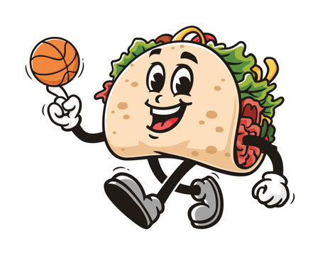 recommend clip art: Taco playing basketball cartoon mascot illustration character vector clip art logo hand drawn