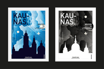 Kaunas city poster pack with abstract skyline, cityscape, landmark and attraction. Lithuania old town travel vector illustration layout set for vertical brochure, website, flyer, presentation