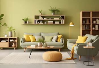 living room interior design with green walls, in the style of soft pastel palette, american studio craft movement, nature-inspired compositions