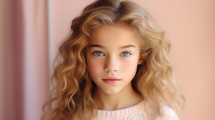 portrait of a beautiful young caucasian white American model teen girl looking forward. child ad with copy space, children, beauty, pretty