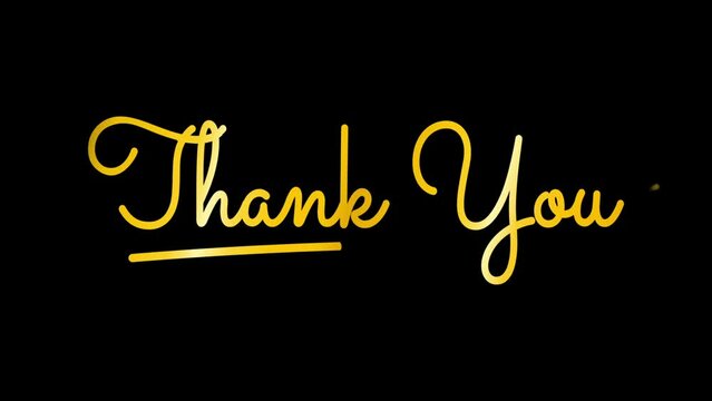 animated text thank you. text animation with handwritten style in gold color and black background.