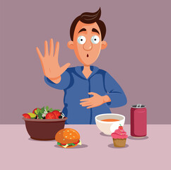 
Man Feels he Can no Longer Eat Vector Cartoon Illustration
Guy feeling like no appetite disliking all foods
