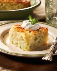 A serving of potato kugel, paired with a dollop of creamy sour cream, creating a delightful combination of textures and flavors.