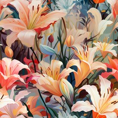 Abstract oil painting style of lily flower thick paint style, in seamless pattern, colorful and classic wall art