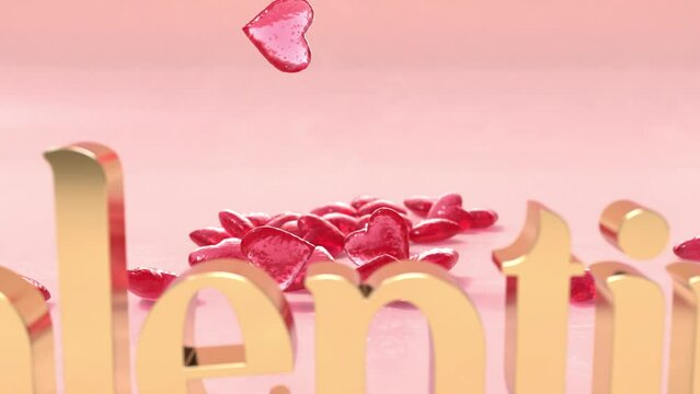 Valentines text with heart shaped sweets falling and bouncing around, 3d rendered clip with copy space for text. 