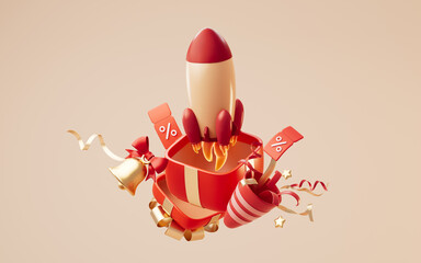 Opening gift box and rocket, 3d rendering.
