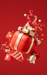 Gift box with celebrating elements, 3d rendering.