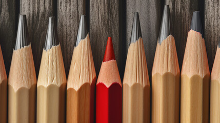 A lone red color pencil stands out in a lineup of black pencils. Its vibrant hue disrupts the monochrome, an artistic contrast that draws attention with a pop of vivid color.
