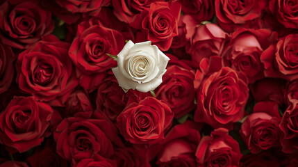 A lone white rose blooms amidst a cluster of red roses. Its purity contrasts with the passionate red, a delicate standout symbolizing grace and individuality.