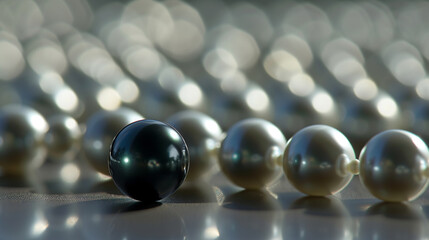 A single black pearl graces the cluster of natural pearls. Its rarity and elegance shine, a dark gem amidst the lustrous whites, adding a touch of mystery to the oceanic array.