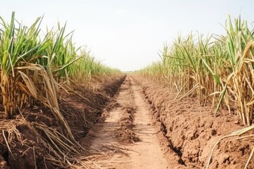 Empty ground road across large sugarcane plantation at summer Asian farmland site - obrazy, fototapety, plakaty