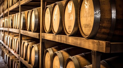 Wooden wine barrels in perspective. Vintage oak barrels of craft beer, whiskey, wine or brandy.