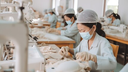 Young Asian female tailors with experience sews things from natural fabric using sewing machines