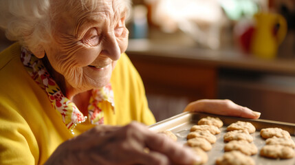 Happy elderly woman baking cookies at home. Senior people doing hobby and activity. - obrazy, fototapety, plakaty