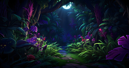 Fototapeta na wymiar a beautiful dimly lit area with jungle plants and flowers