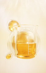 Chemical glassware with golden liquid, 3d rendering.