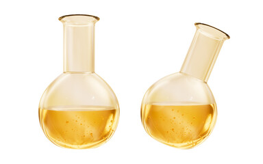 Chemical glassware with golden liquid, 3d rendering.