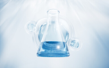 Chemical glassware with water drop background, 3d rendering.