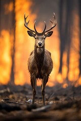 A majestic deer stands amidst the raging inferno, a symbol of resilience