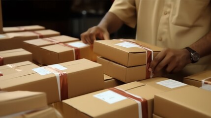 Delivery serviceman while working in a postal service warehouse. Cardboard boxes with parcels from online stores at the post office.