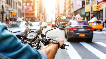 Motorcyclist navigates urban traffic, leaving a trail of excitement in their wake. Cropped picture. - obrazy, fototapety, plakaty