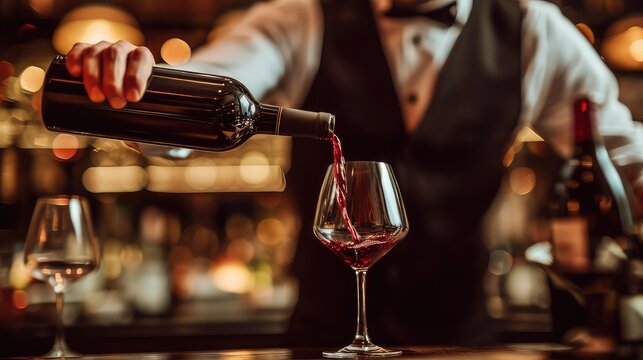 The rich hues of red wine flow gracefully from a waiter's hand, promising a sensory adventure that will leave a lasting impression.