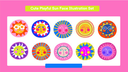 Cute Playful Sun Face Illustration Set