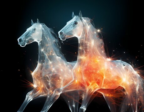 fantasy horses with light illumination shine on black background
