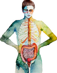 Constipation, human GI system in watercolor, PNG, transparent background